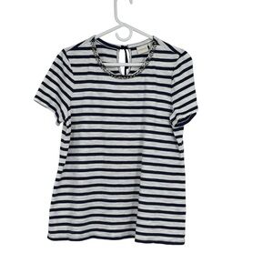 Chico’s 2 (Reg 12) Blue/Heather Gray Stripe SS T-Shirt w Beaded Neckline